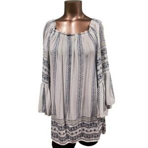Elan Peasant Top with Elasticized Neck Full Ruffled Sleeves, White,& Navy, Sz OS